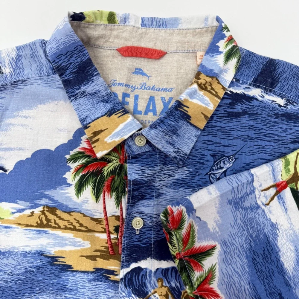 Tommy Bahama Relax Island Modern Fit XL Tropical Surf Print Shirt Blue Tencel